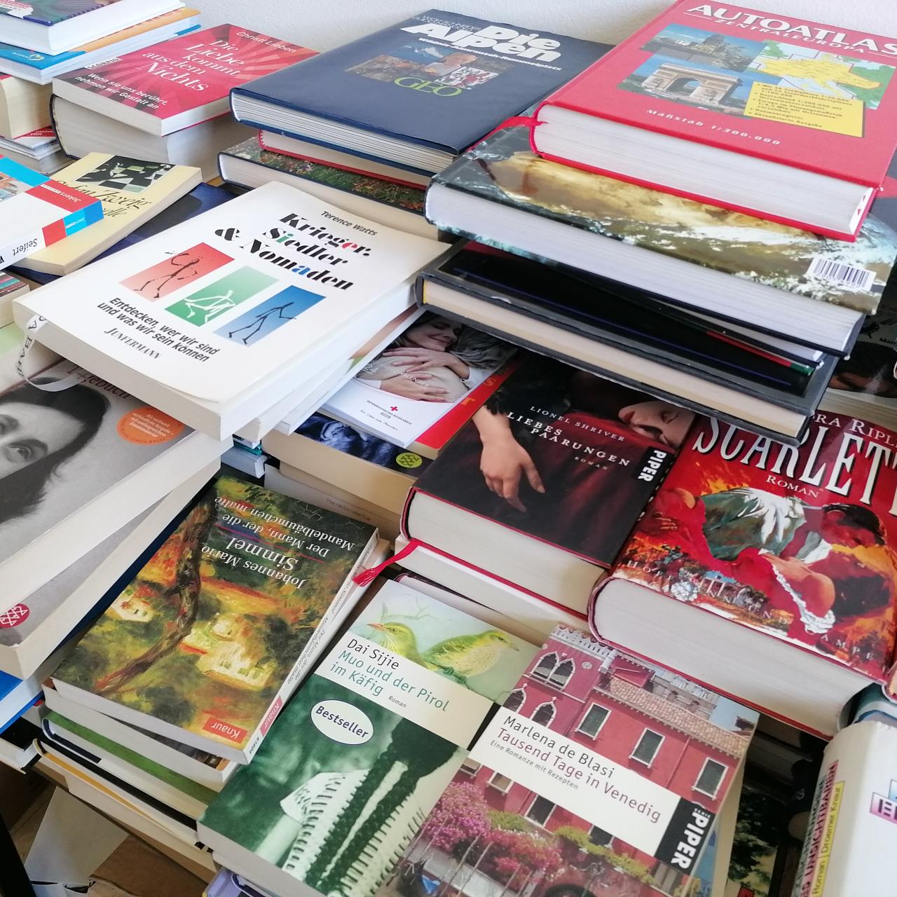 Aufgestapelte Bücher verschiedenen Genres