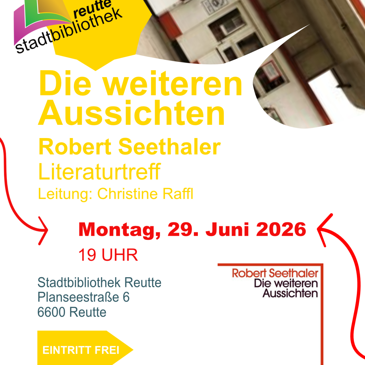 Um 19 Uhr findet am Montag, 29. Juni, der Literaturtreff statt. Besprochen wird das Buch "Die weiteren Aussichten" von Robert Seethaler.